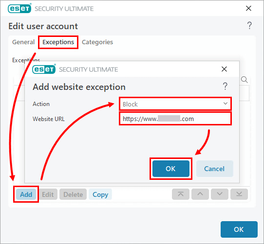 Click the Exceptions tab and click Add