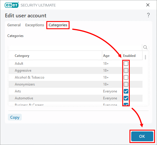 Blocked content and settings