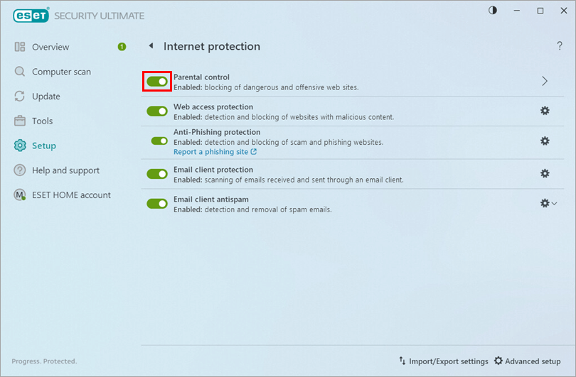 Click the toggle next to Parental control