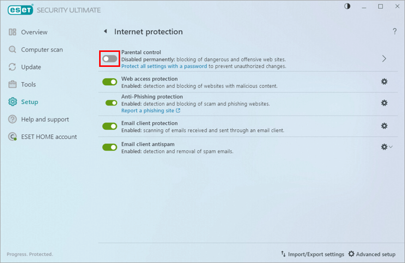Click the toggle next to Parental control