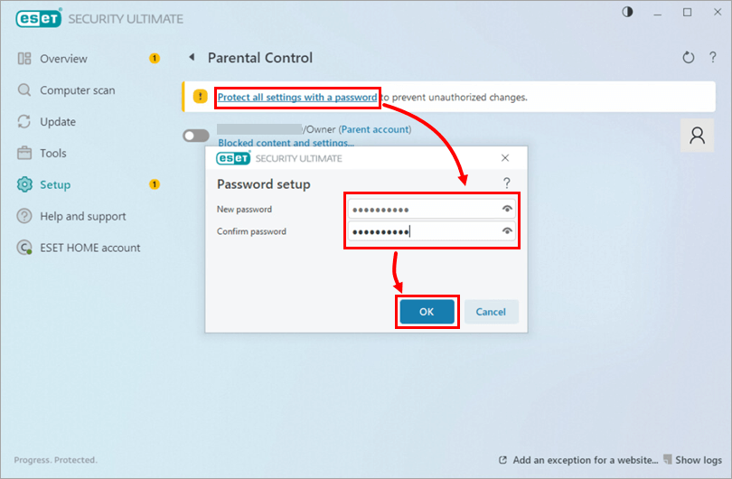 Click Protect all settings with a password