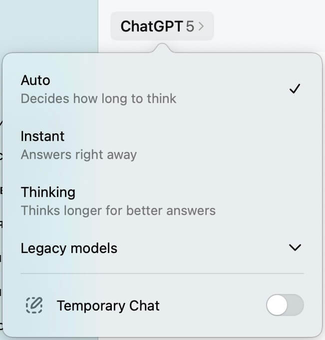 گزینه گفتگوی موقت در برنامه چت جی پی تی برای  macOS