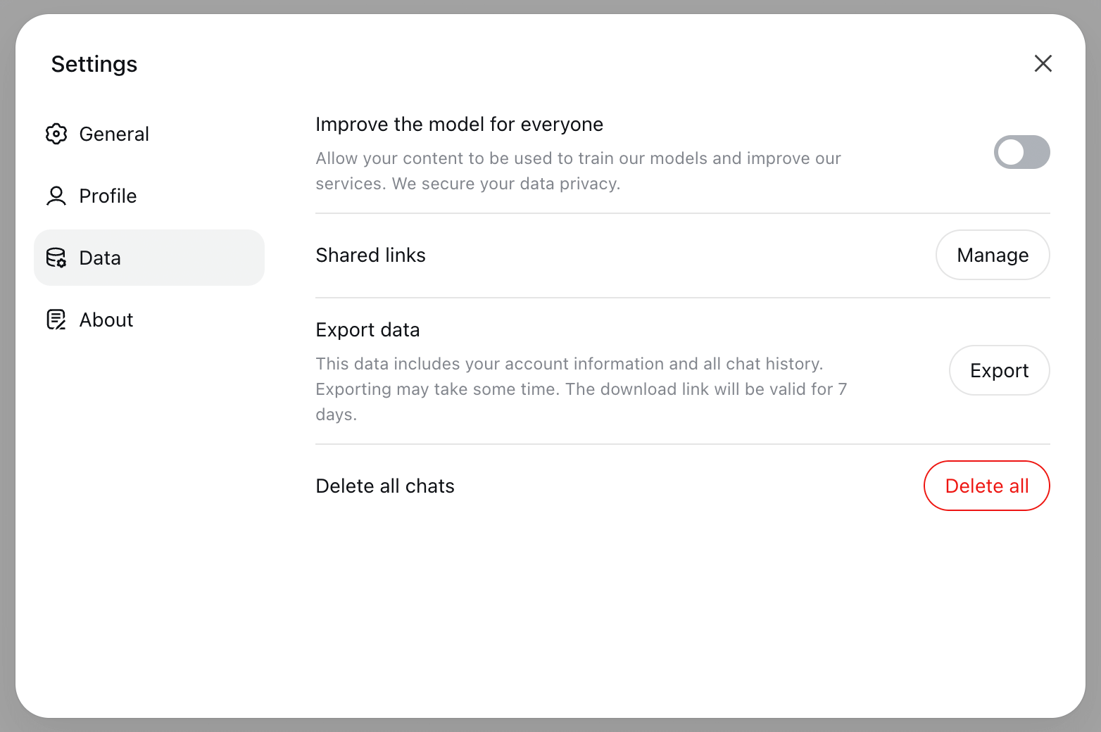 غیرفعال کردن آموزش DeepSeek بر اساس داده های شما در نسخه تحت وب