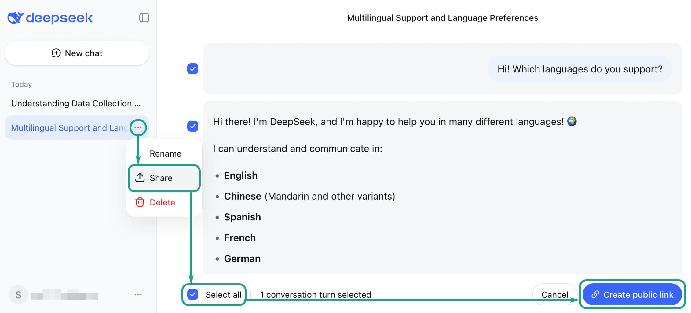 اشتراک گذاری گفتگوهای DeepSeek در نسخه وب